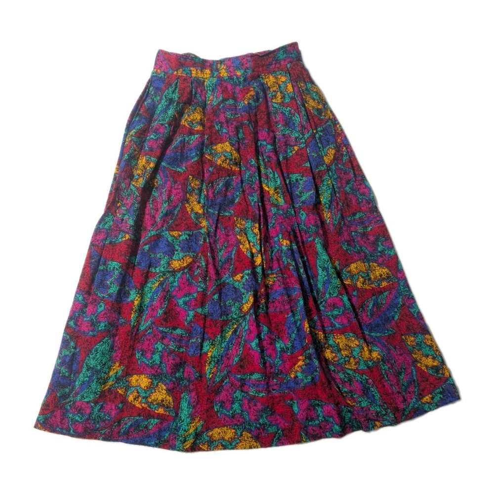 Vintage Caroll Paris Sz 10 Colorful Floral Midi Skirt 100% Rayon Made in France